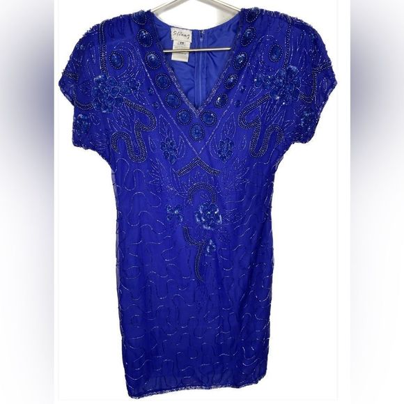 Vintage silk beaded Cocktail Evening Formal Dress Royal Blue - Picture 1 of 7